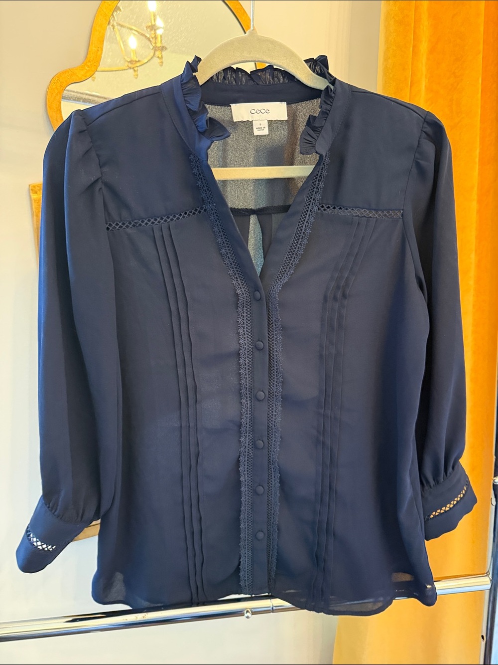 CeCe Sheer Navy Ruffle-Trim Button Front Blouse